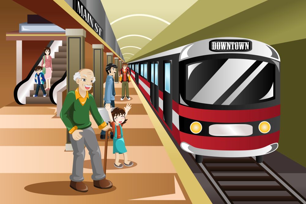 A vector illustration of people waiting in a train station