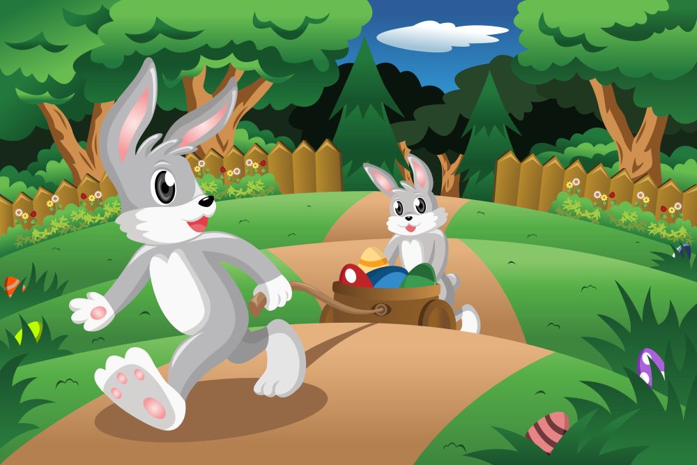 A vector illustration of rabbits pulling a Easter egg cart