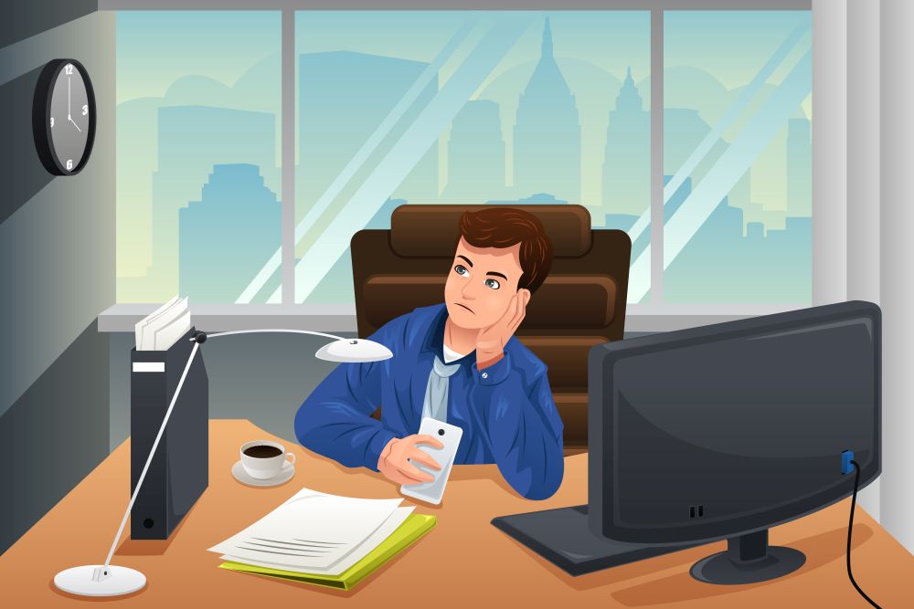 A vector illustration of businessman looking bored at the office
