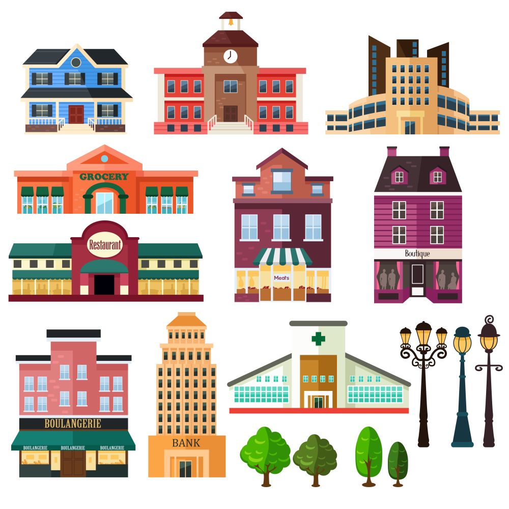 A vector illustration of buildings and lamp post icons