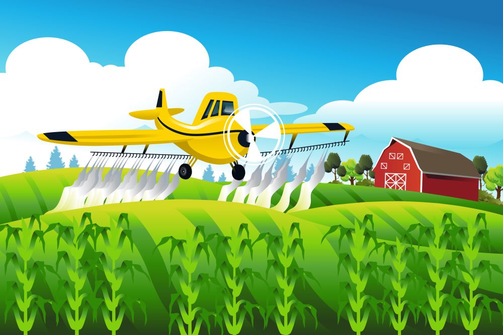 A vector illustration of crop duster flying over a field spraying pesticide