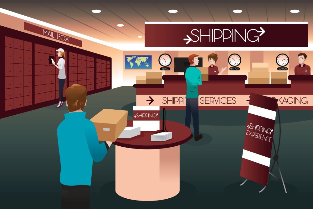 A vector illustration of scene inside a shipping store
