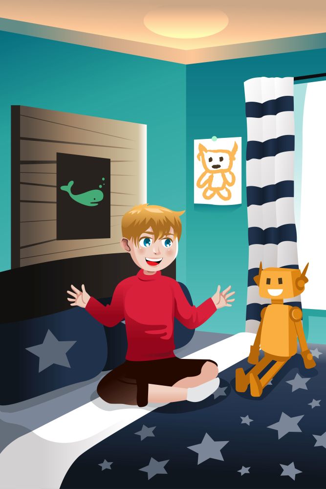 A vector illustration of boy talking with his imaginary friend