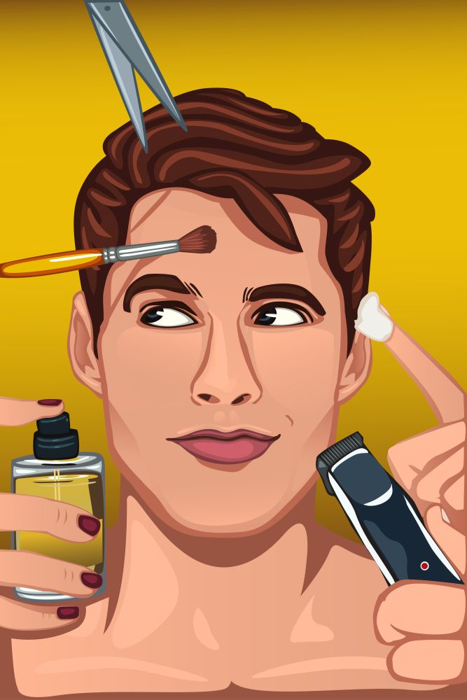 A vector illustration of man applying various beauty products to face