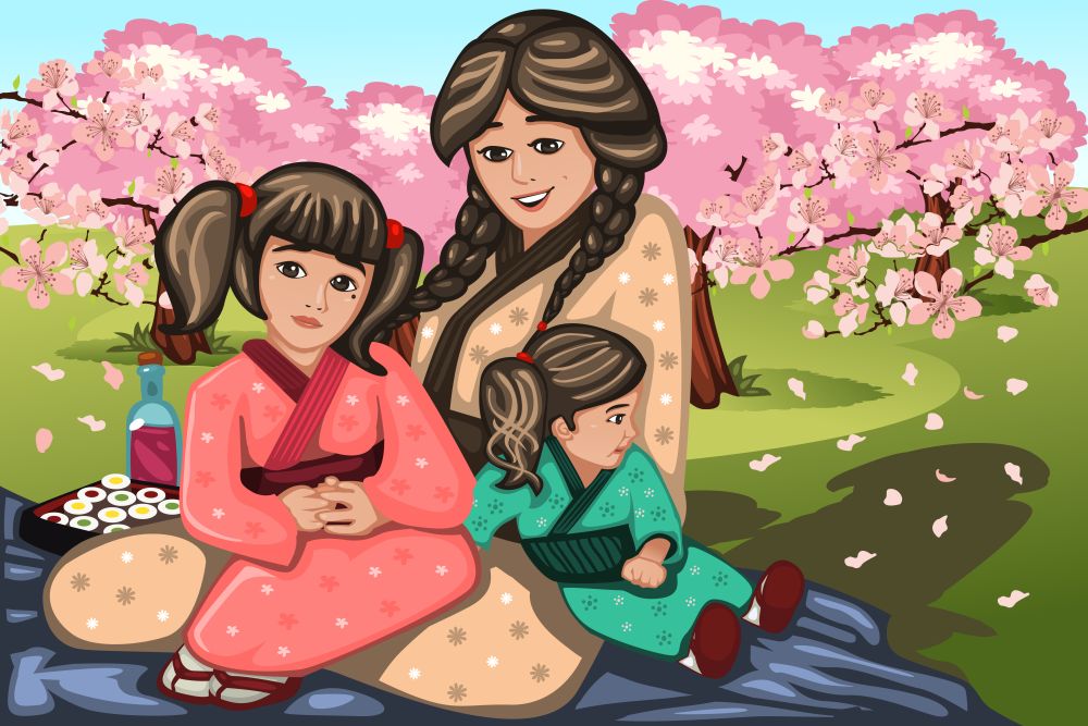 A vector illustration of Japanese woman and her children during Cherry Blossom