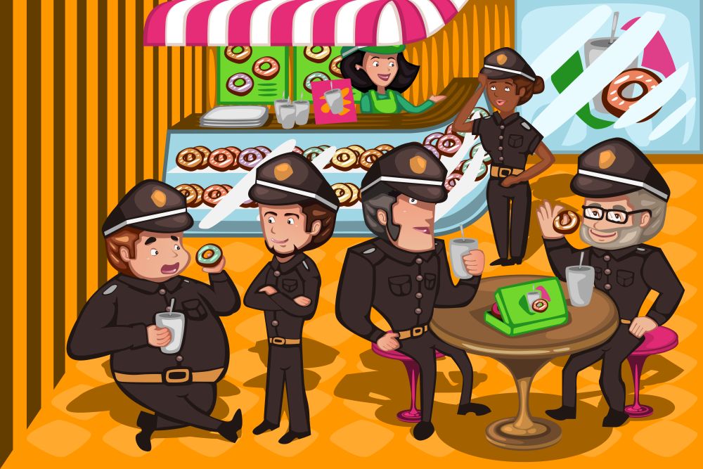 A vector illustration of police officers in a donuts store