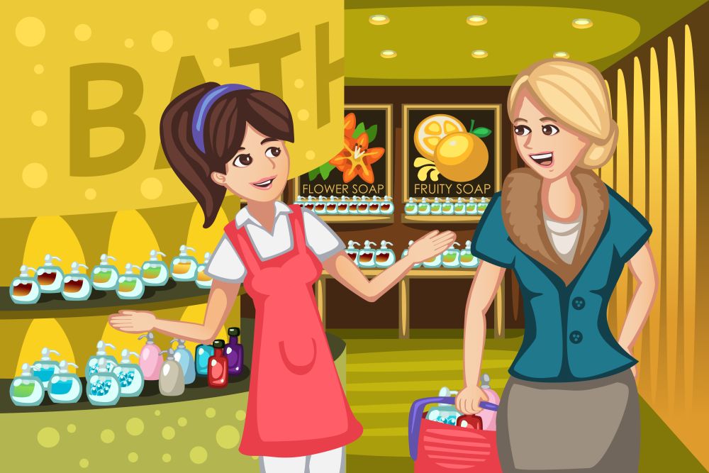 A vector illustration of women in a soap store