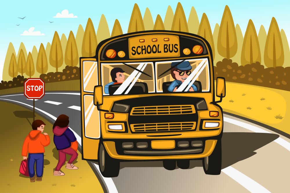 A vector illustration of school bus driver and kids