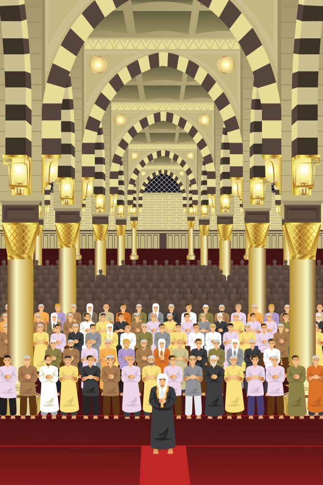 A vector illustration of Muslims praying together in a mosque