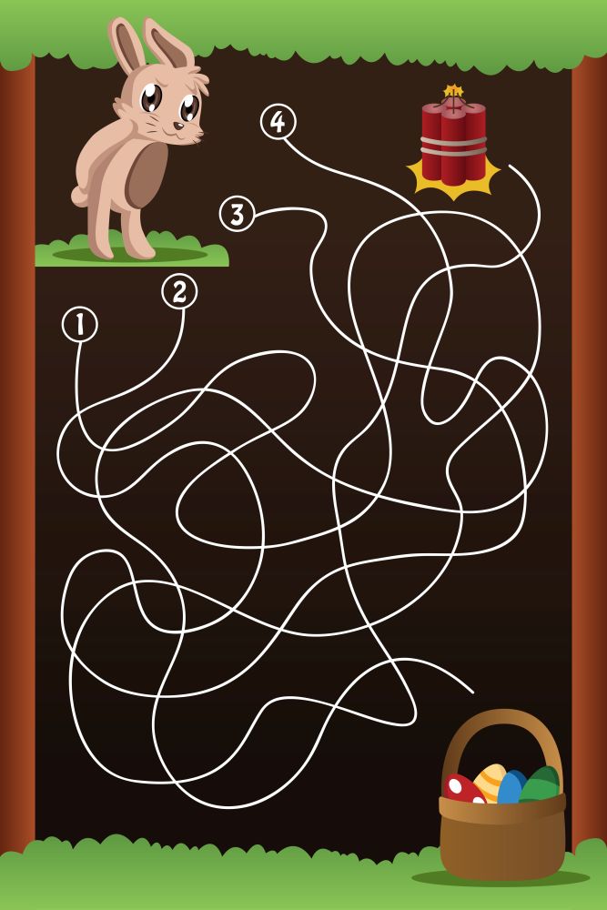 A vector illustration of maze game of help the rabbit to find a way to get the Easter egg