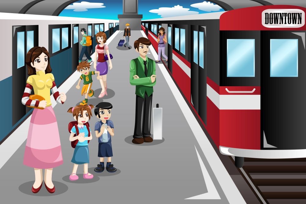 A vector illustration of people waiting in a train station