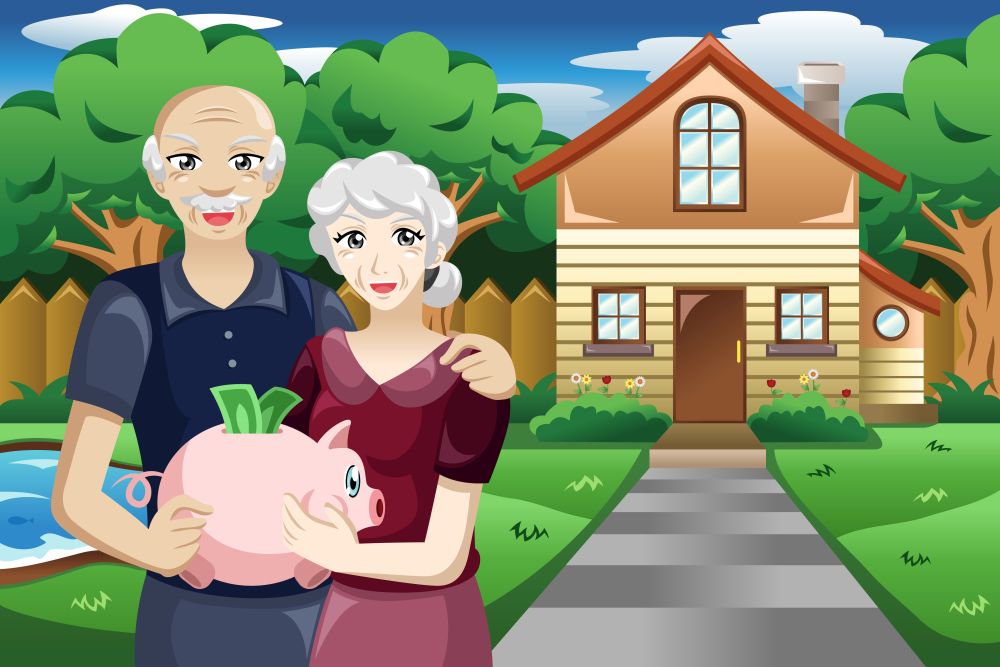 A vector illustration of retired people holding a piggybank of their savings