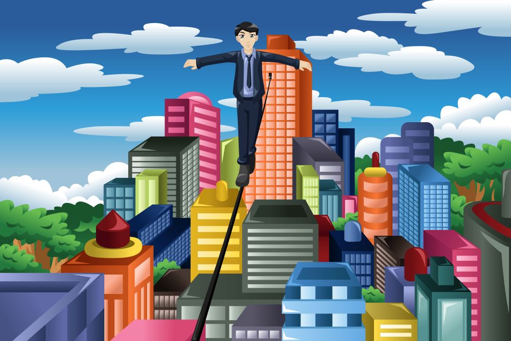 A vector illustration of businessman balancing on a tight rope