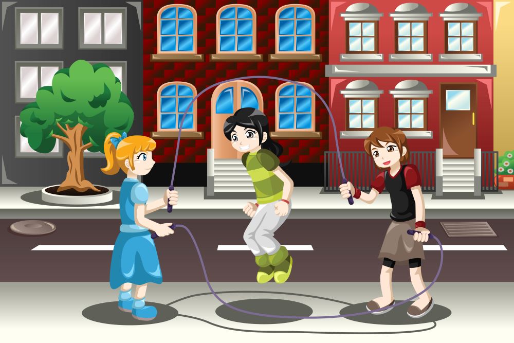 A vector illustration of happy kids playing double dutch