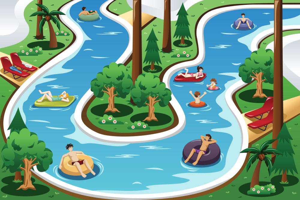 A vector illustration of people floating in a lazy river pool