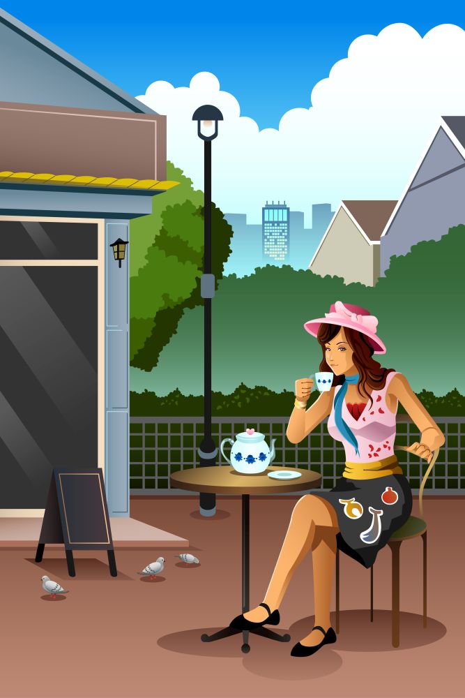 A vector illustration of beautiful woman drinking coffee in a cafe