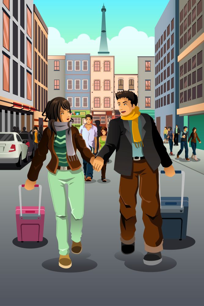 A vector illustration of happy couple traveling together