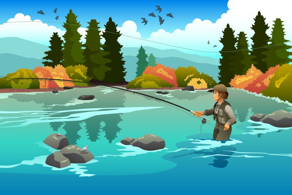 A vector illustration of man flyfishing in a river in the morning