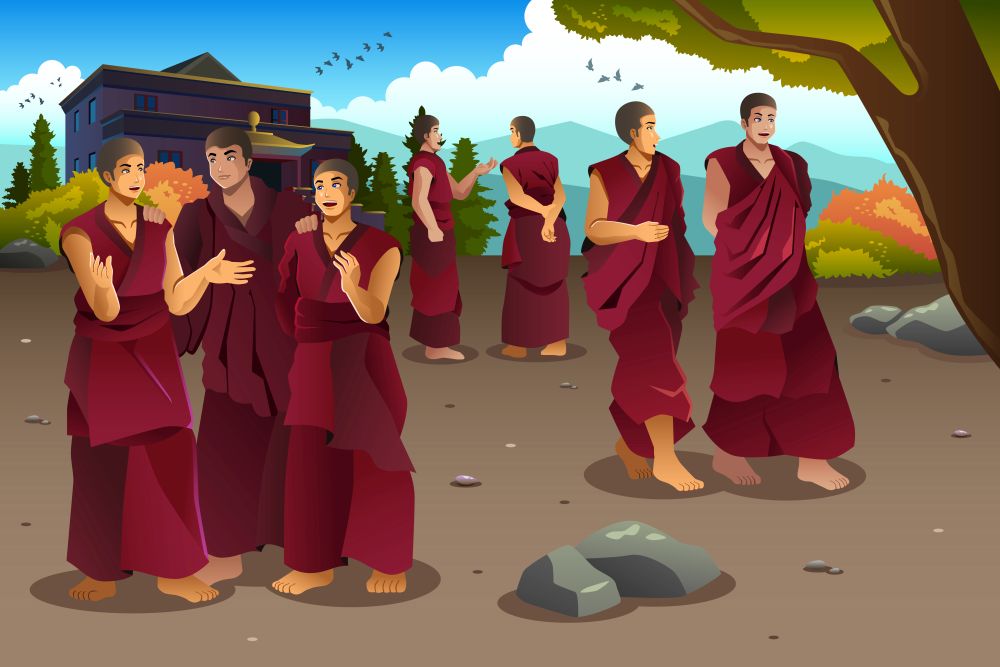 A vector illustration of Buddhist monks in Tibet temples