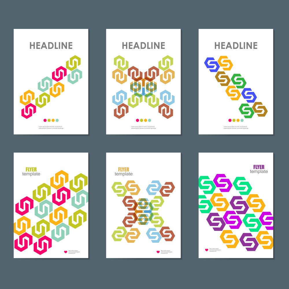 Six business brochure design layout template, with hexagon pattern.. Six business brochure design layout template, with hexagon pattern