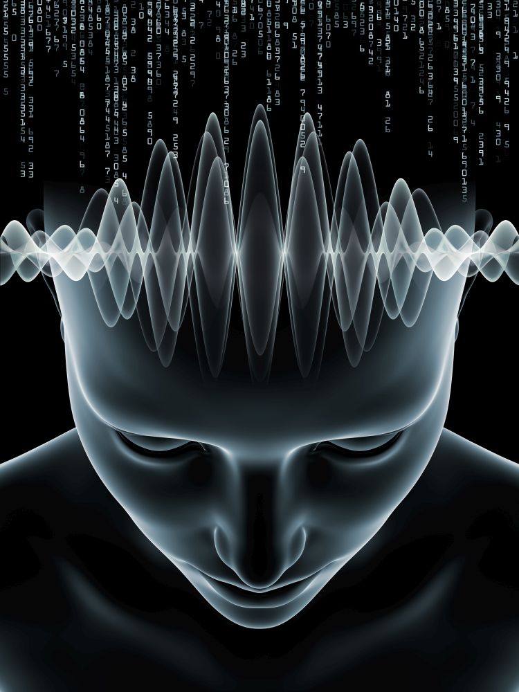 Mind Waves series. Interplay of 3D illustration of human head and technology symbols on the subject of consciousness, brain, intellect and artificial intelligence