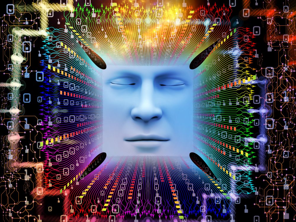 Artificial Intelligence series. Composition of 3D illustration of human face and computer elements suitable as a backdrop for the projects on super human AI, computer consciousness  and technology