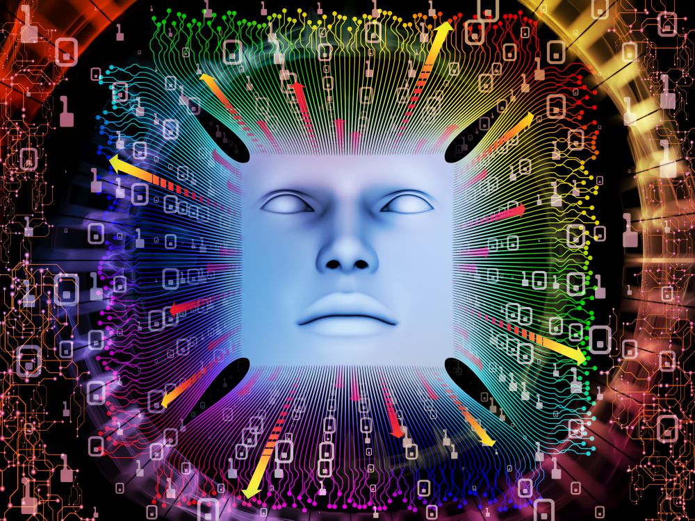 Artificial Intelligence series. Abstract design made of 3D illustration of human face and computer elements on the subject of super human AI, computer consciousness  and technology