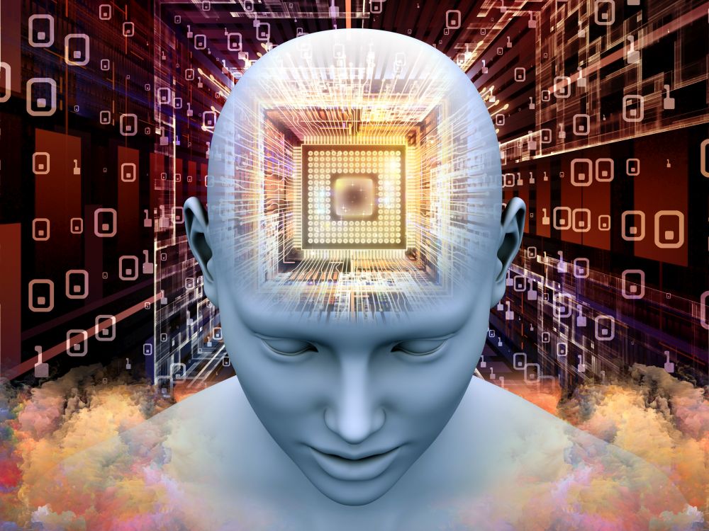 Mind Processor series. Creative arrangement of Human head with CPU in perspective as a concept metaphor on subject of  artificial intelligence, mind, mass media and modern technology