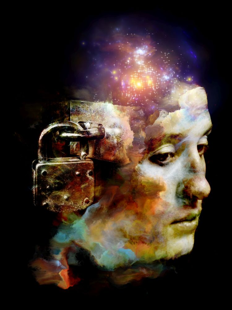 Surreal digital art of human head with padlock and lights on the subject of mental life, dreams, memory, consciousness, creativity and imagination.