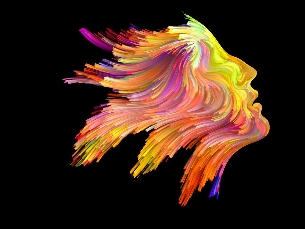 Color Thinking series. Female profile executed with vibrant paint on subject of creativity, imagination, spirituality and art