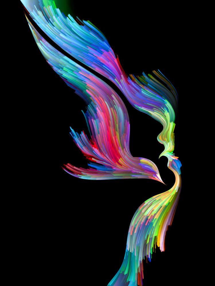 Bird of Mind series. Background design of woman and bird profile executed with colorful paint on the subject of creativity, imagination, spirituality and art