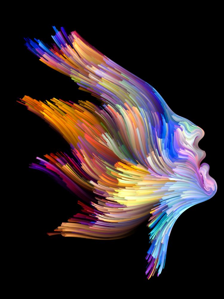 Color Thinking series. Female profile executed with vibrant paint on subject of creativity, imagination, spirituality and art