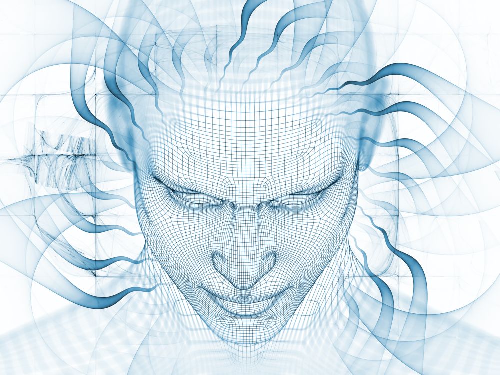 3D Rendering - Mind Field series. Composition of head of wire mesh human model and fractal patters on the subject of artificial intelligence, science and technology