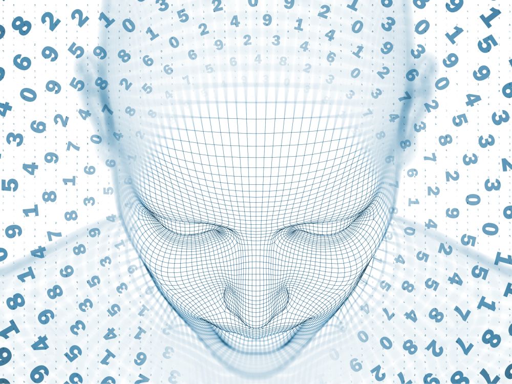 3D Rendering - Mind Field series. Backdrop design of head of wire mesh human model and fractal patters for illustrations on artificial intelligence, science and technology