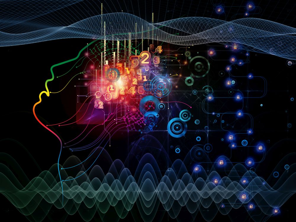 Digital Mind series. Backdrop composed of silhouette of human face and technology symbols and suitable for use in the projects on computer science, artificial intelligence and communications