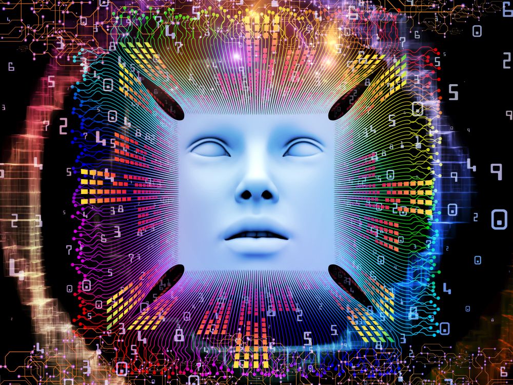Artificial Intelligence series. Composition of 3D illustration of human face and computer elements on the subject of super human AI, computer consciousness  and technology