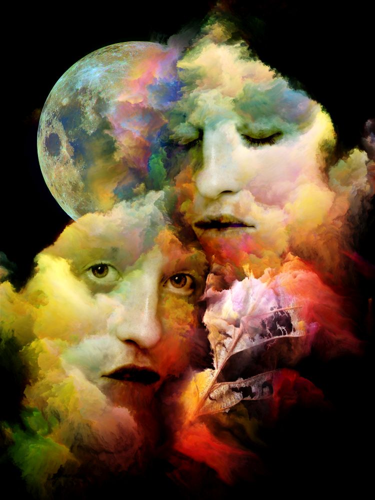 Symbols of Our Time series. Surreal digital art of human faces, the moon and a leaf on the subject of mental life, spirituality, dreams, memory, shamanism, mind, creativity and imagination.