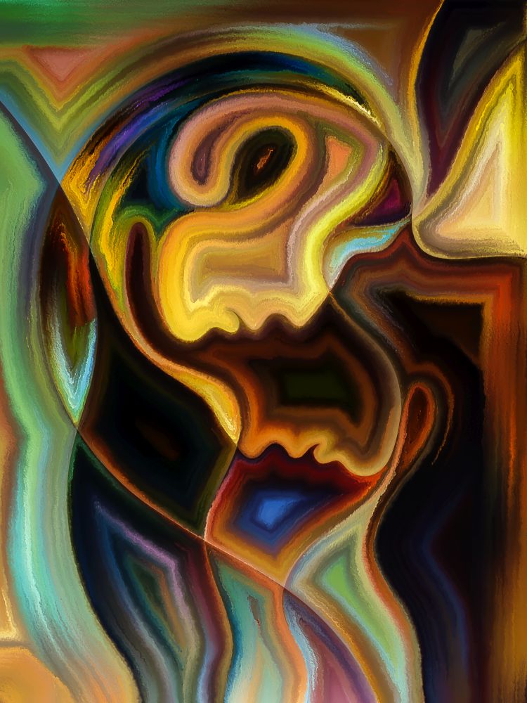 Inner Dialog series. Composition of human profiles and vivid paint shapes with metaphorical relationship to emotions, relationships, human drama, spirituality and design