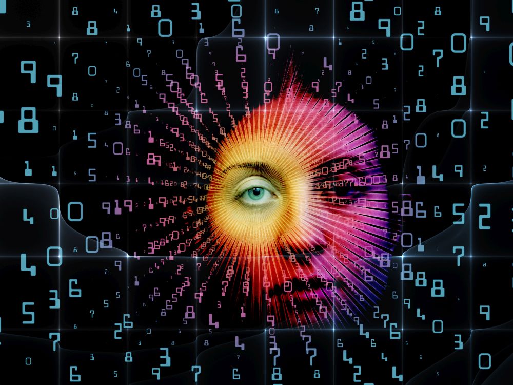 Digital Vision series. Arrangement of eye part of female face and integers on the subject of virtual technology, math, science and education