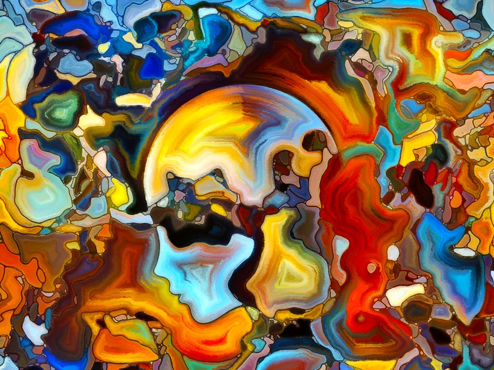 Composition of elements of human face, and colorful abstract shapes suitable as a backdrop for the projects on mind, reason, thought, emotion and spirituality