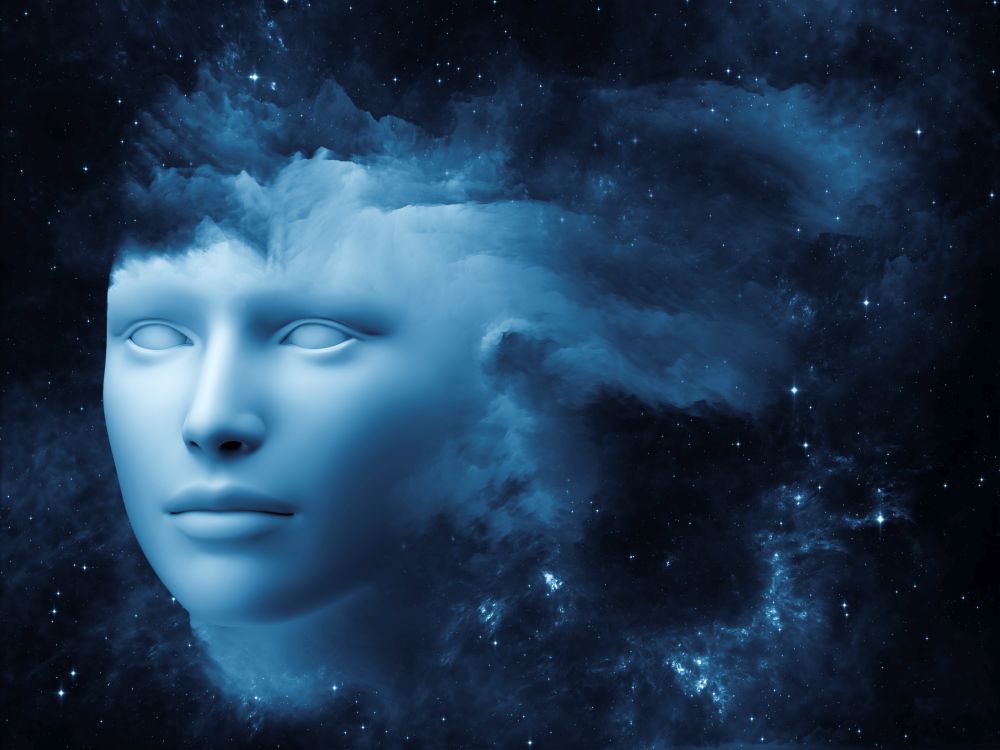 Fractal Mind series. Artistic background made of human head and fractal clouds for use with projects on mind, dreams, thinking, consciousness and imagination