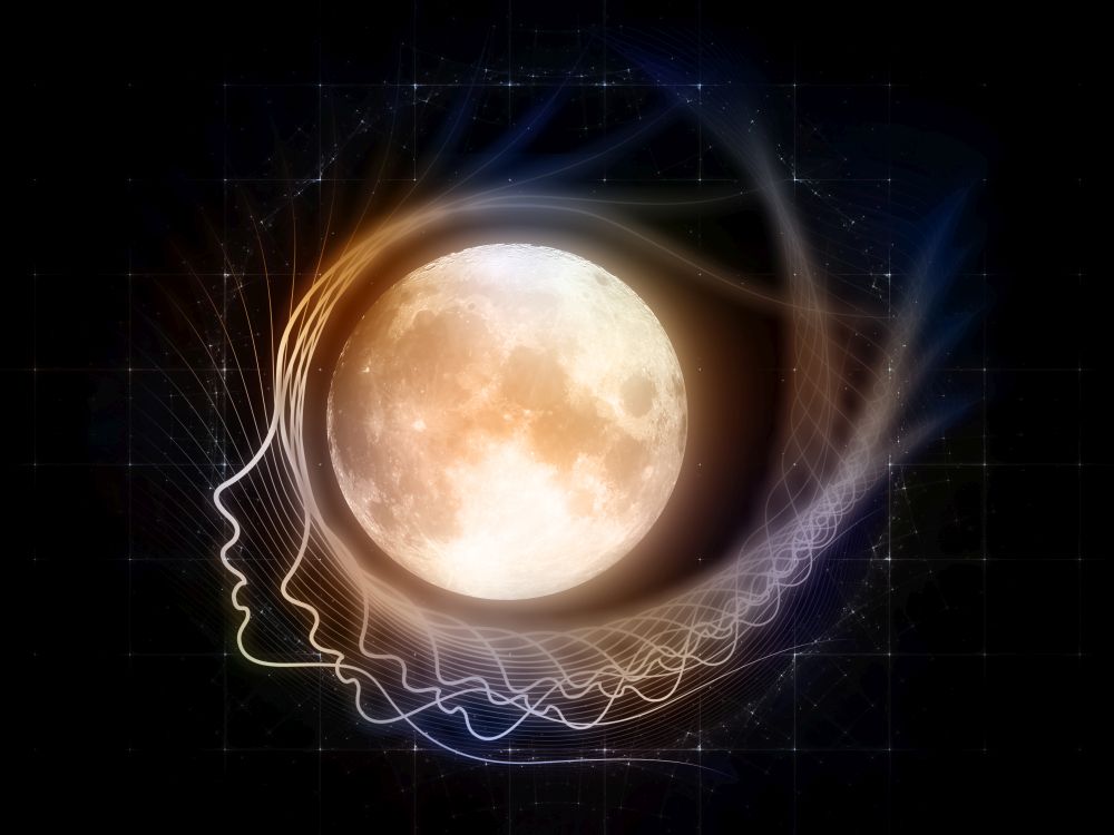 Inner Moon series. Arrangement of moon, human profile and design elements on the subject of spirit world, dreams, imagination, astrology and the mind