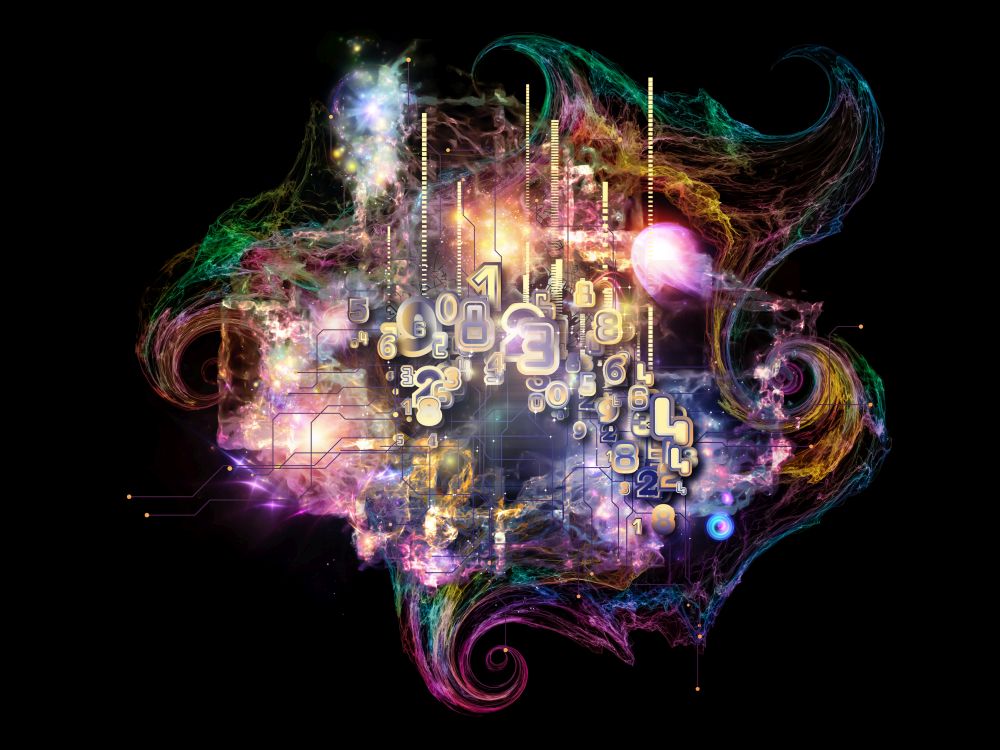 Cloud Networking series. Arrangement of numbers, colors and fractal elements on the subject of math, science, education and art