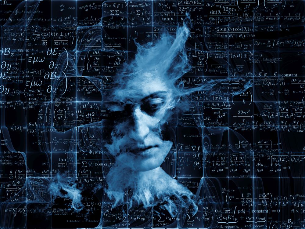 Who Are We series. Backdrop design of surreal human portrait, fractal and mathematical patterns for works on philosophy, religion, math, science, technology and education