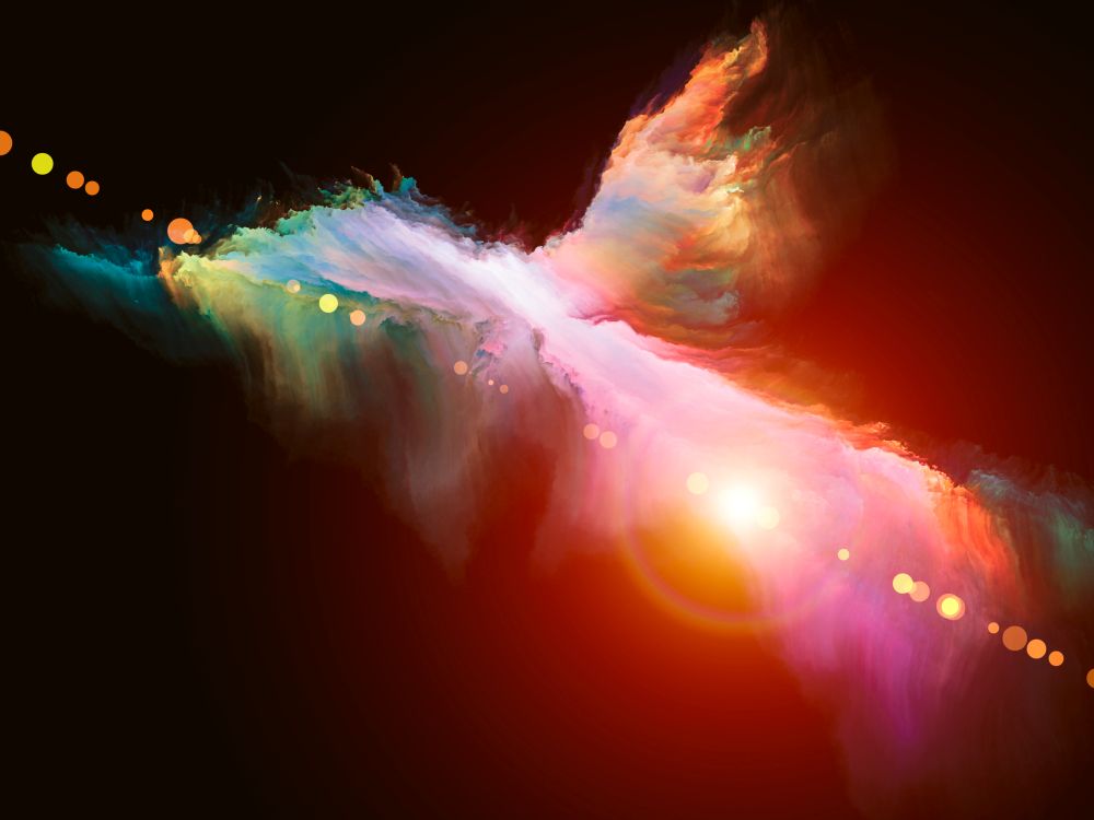 Bright element of colorful paint against black background reminiscent of flying figure