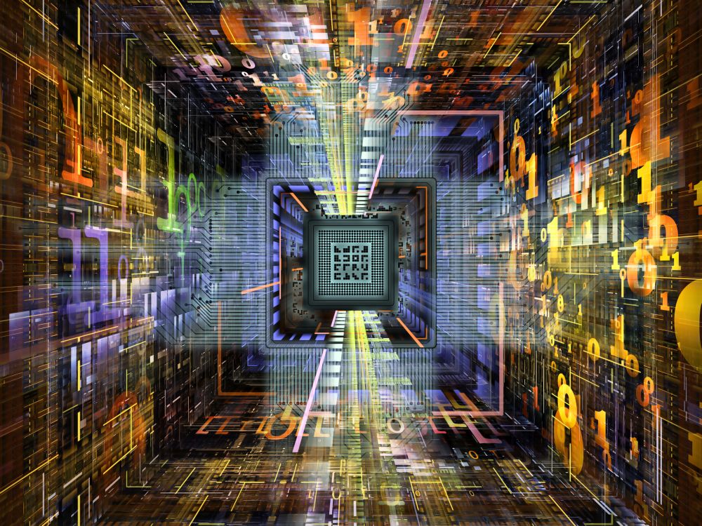 Number Tunnel series. Backdrop of CPU chip, colorful numbers and fractal elements in perspective on the subject of computers, mathematics, science and education