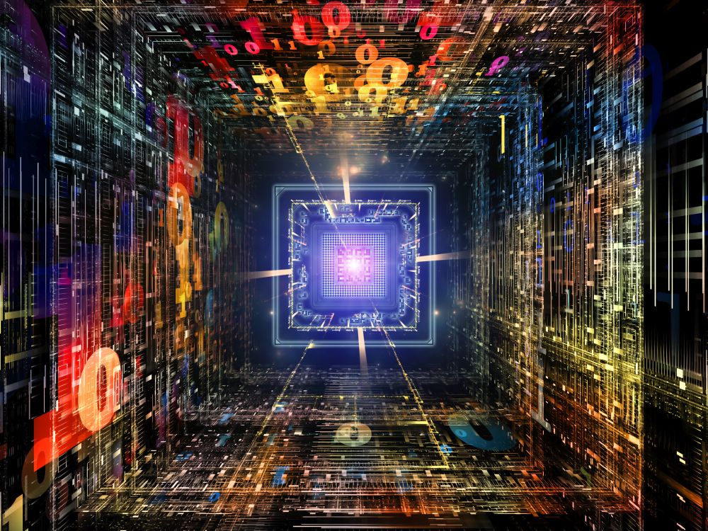 Number Tunnel series. Background design of CPU chip, colorful numbers and fractal elements in perspective on the subject of computers, mathematics, science and education