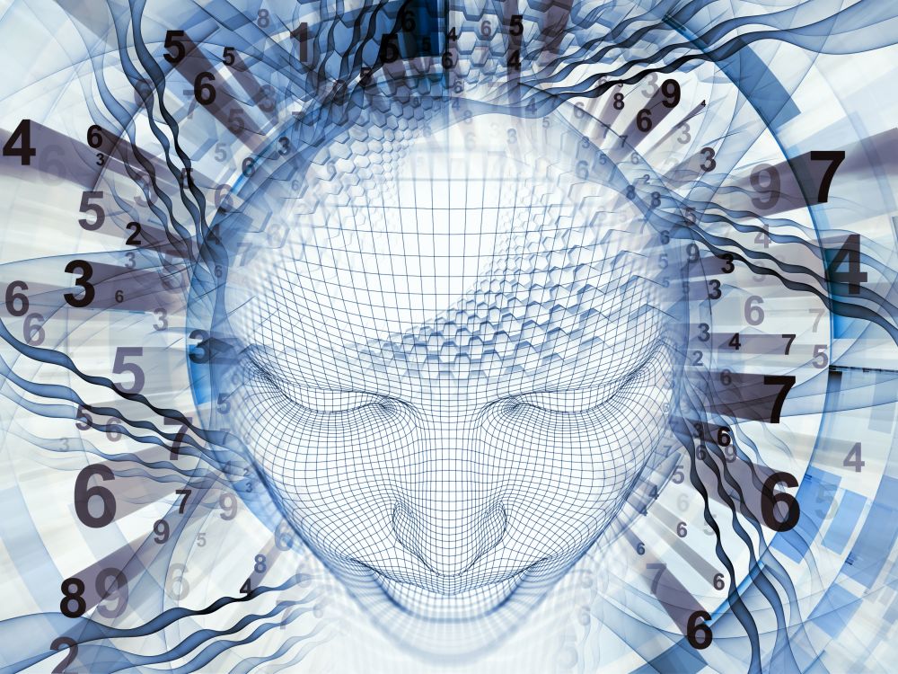 3D Rendering - Mind Field series. Artistic abstraction composed of head of wire mesh human model and fractal patters on the subject of artificial intelligence, science and technology