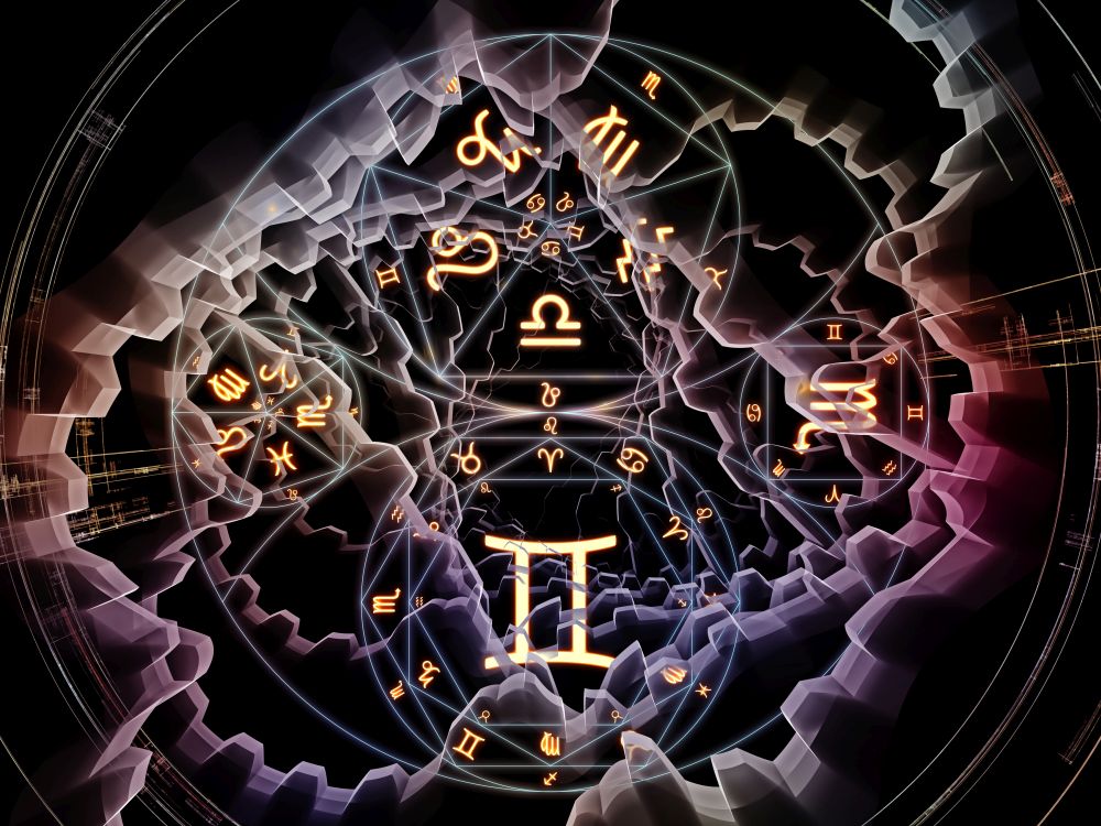 Astral Connection series. Creative arrangement of Zodiac and fractal geometry symbols as a concept metaphor on subject of magic, sacred, occult and astrology