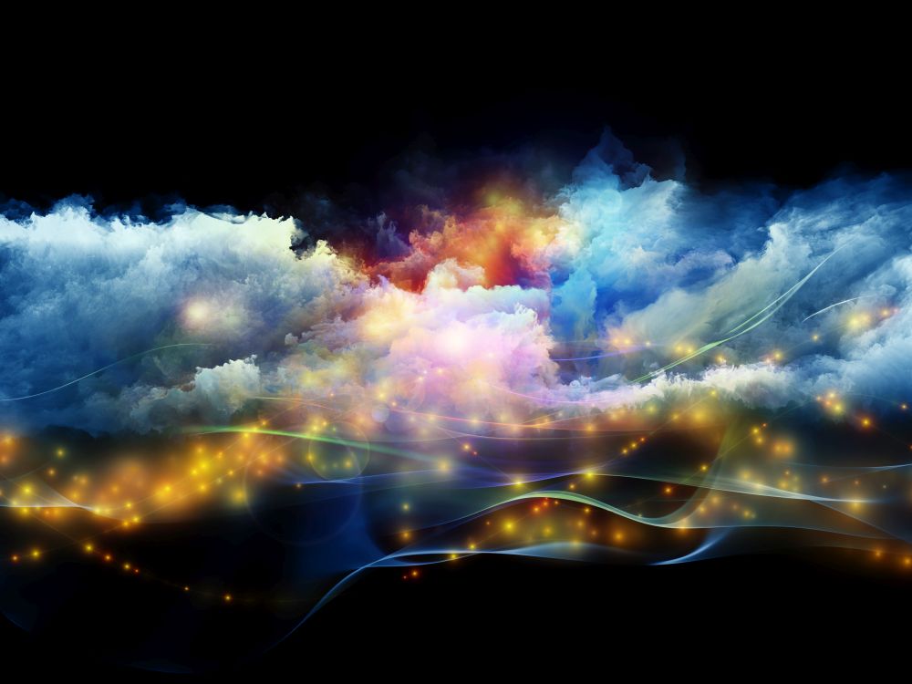 Abstract design made of clouds of fractal foam and abstract lights on the subject of art, spirituality, painting, music , visual effects and creative technologies
